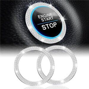 Car Start Button Bling Rhinestone Diamond Engine Button Ring 2-Pack Double White